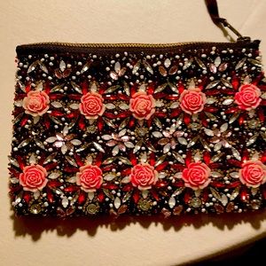 Beautiful beaded clutch rose appliqués rhinestones red stones -zipper top